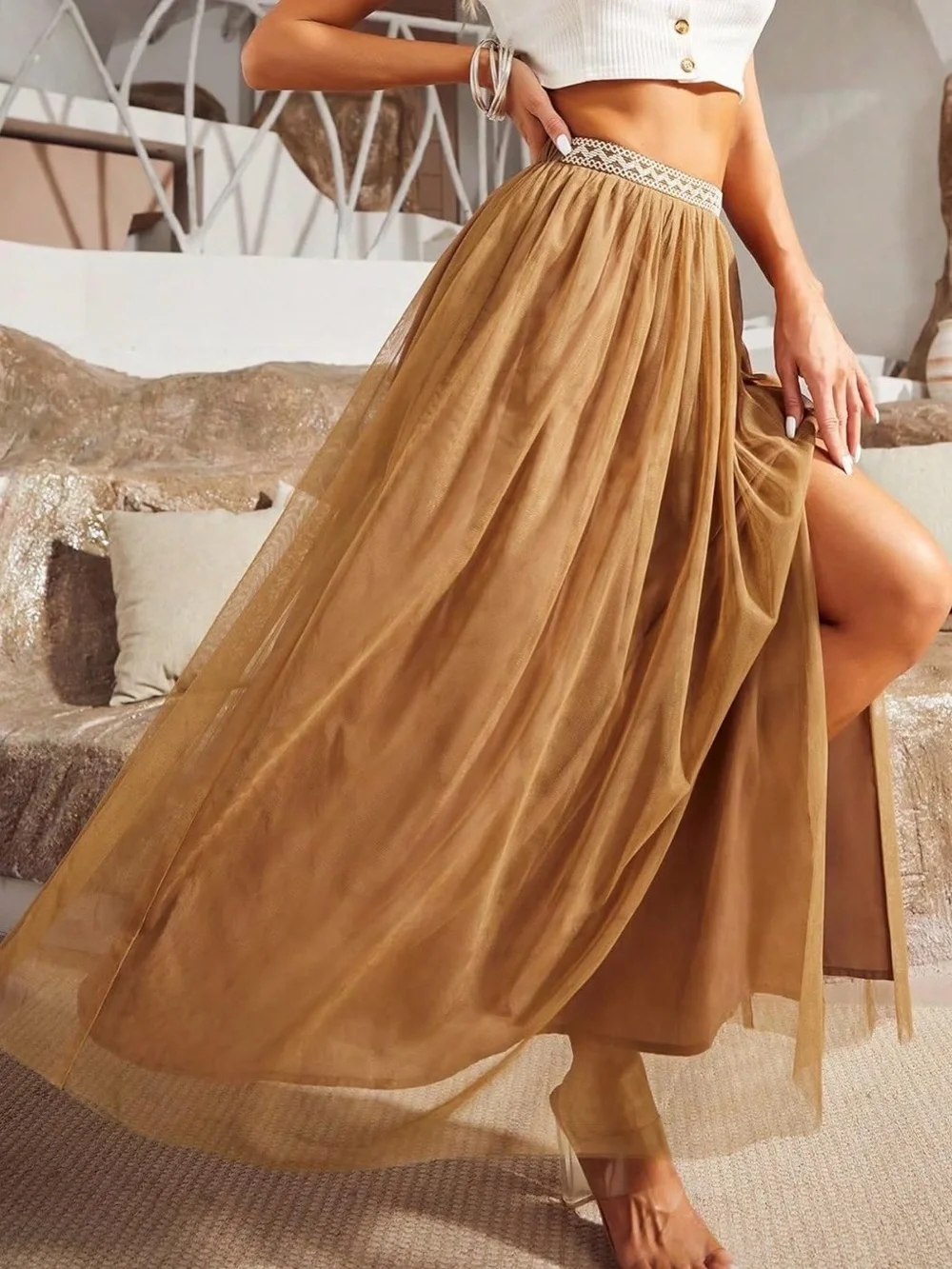 Women's Tan Maxi Skirt with High Side Slit and Decorative Waistband - Picture 4 of 8